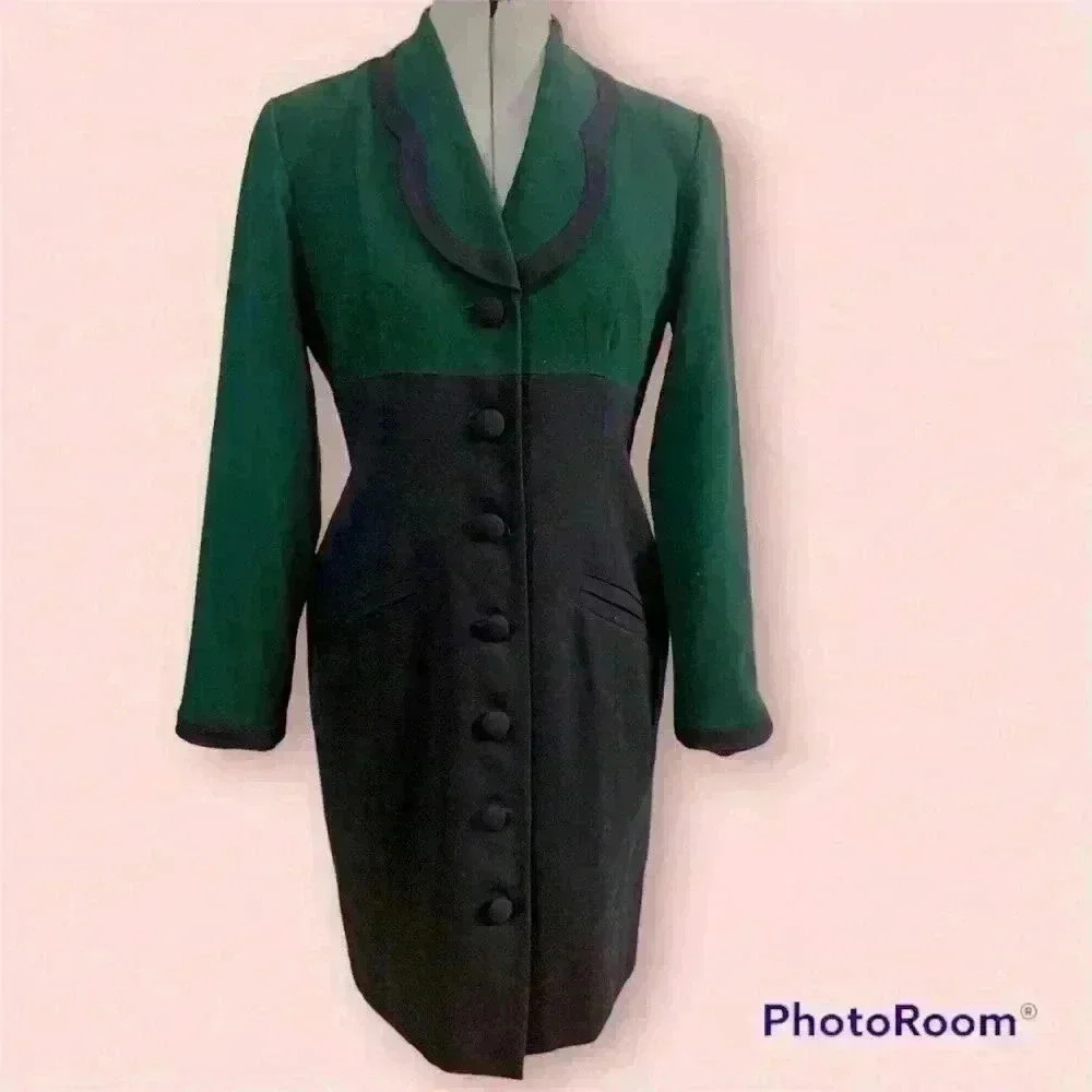 Vintage Gillian Petites Jacket Dress Wool Color Block Fully Lined Green  Navy. - Picture 2 of 14